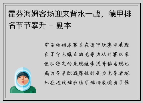 霍芬海姆客场迎来背水一战，德甲排名节节攀升 - 副本