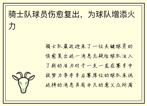 骑士队球员伤愈复出，为球队增添火力