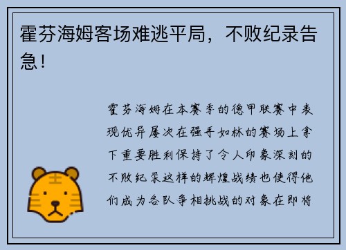 霍芬海姆客场难逃平局，不败纪录告急！
