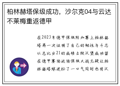 柏林赫塔保级成功，沙尔克04与云达不莱梅重返德甲