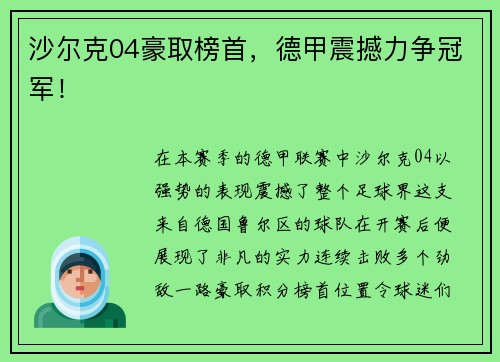 沙尔克04豪取榜首，德甲震撼力争冠军！