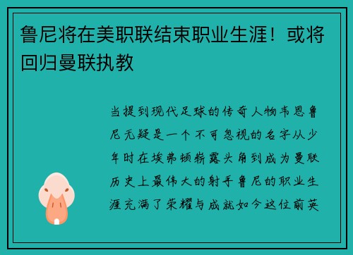 鲁尼将在美职联结束职业生涯！或将回归曼联执教