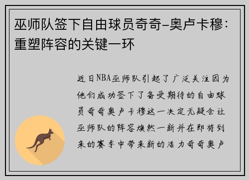 巫师队签下自由球员奇奇-奥卢卡穆：重塑阵容的关键一环