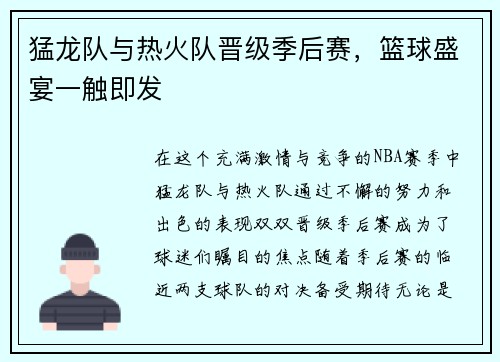 猛龙队与热火队晋级季后赛，篮球盛宴一触即发